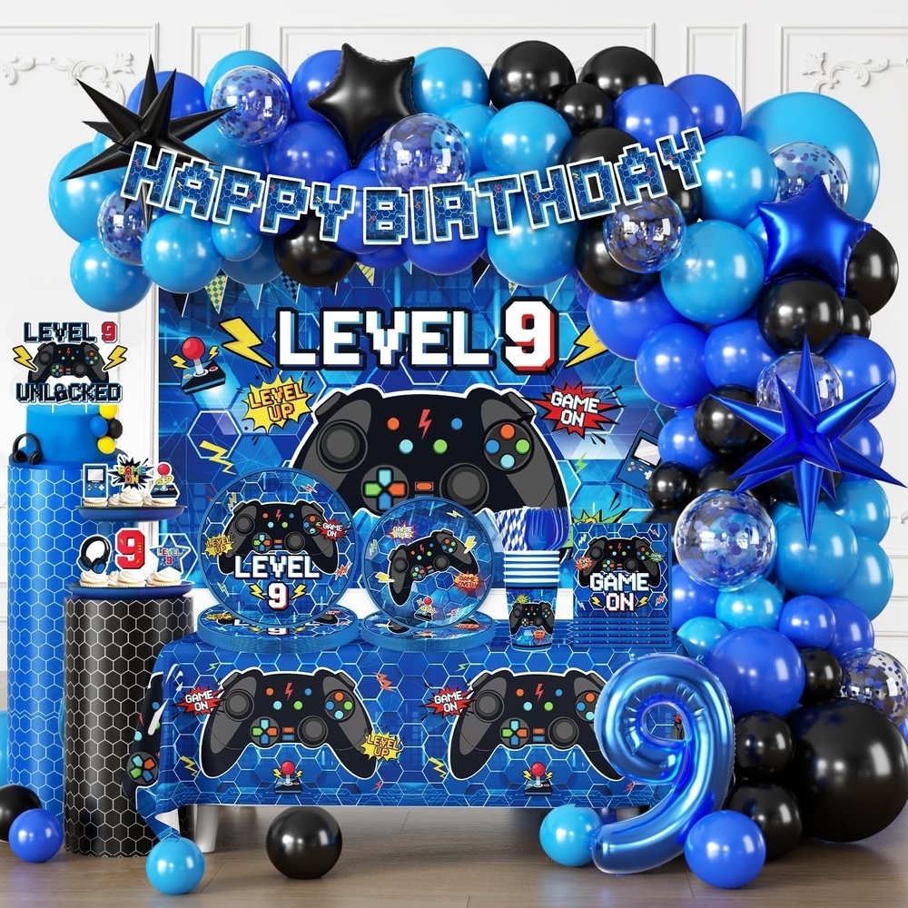 Blue and Black Gaming Birthday Disposable Tableware Party Supplies Set